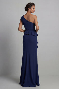 Navy One Shoulder Beaded Mermaid Long Formal Dress with Ruffles