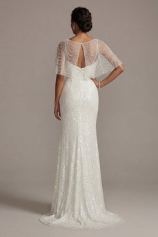 Sparkly White Beaded Illusion Boat Neck Long Mermaid Formal Dress with Pearls