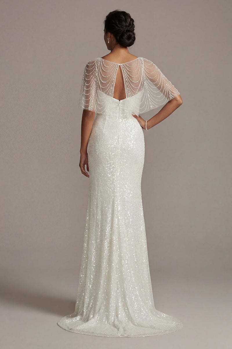 Load image into Gallery viewer, Sparkly White Beaded Illusion Boat Neck Long Mermaid Formal Dress with Pearls