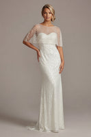 Load image into Gallery viewer, Sparkly White Beaded Illusion Boat Neck Long Mermaid Formal Dress with Pearls