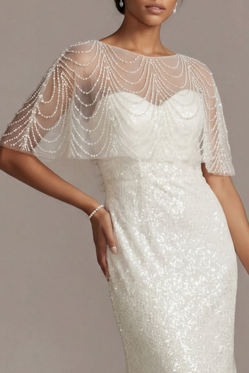 Load image into Gallery viewer, Sparkly White Beaded Illusion Boat Neck Long Mermaid Formal Dress with Pearls