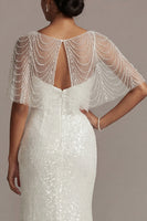 Load image into Gallery viewer, Sparkly White Beaded Illusion Boat Neck Long Mermaid Formal Dress with Pearls