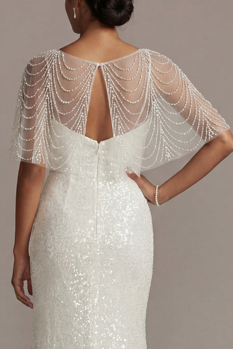 Load image into Gallery viewer, Sparkly White Beaded Illusion Boat Neck Long Mermaid Formal Dress with Pearls