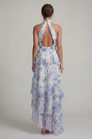 Load image into Gallery viewer, Light Blue Halter Floral A Line Asymmetrical Formal Dress with Ruffles