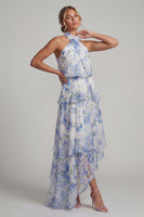 Load image into Gallery viewer, Light Blue Halter Floral A Line Asymmetrical Formal Dress with Ruffles
