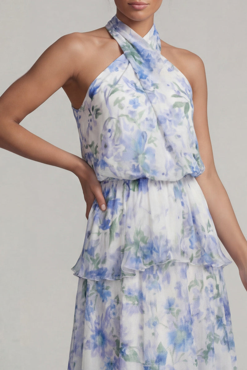Load image into Gallery viewer, Light Blue Halter Floral A Line Asymmetrical Formal Dress with Ruffles