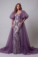 Load image into Gallery viewer, Sparkly Purple Mermaid Floral Puff Sleeves Beaded Long Formal Dress with Cape