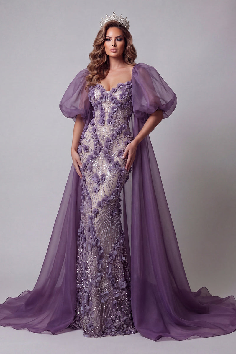 Load image into Gallery viewer, Sparkly Purple Mermaid Floral Puff Sleeves Beaded Long Formal Dress with Cape