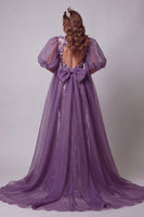 Load image into Gallery viewer, Sparkly Purple Mermaid Floral Puff Sleeves Beaded Long Formal Dress with Cape