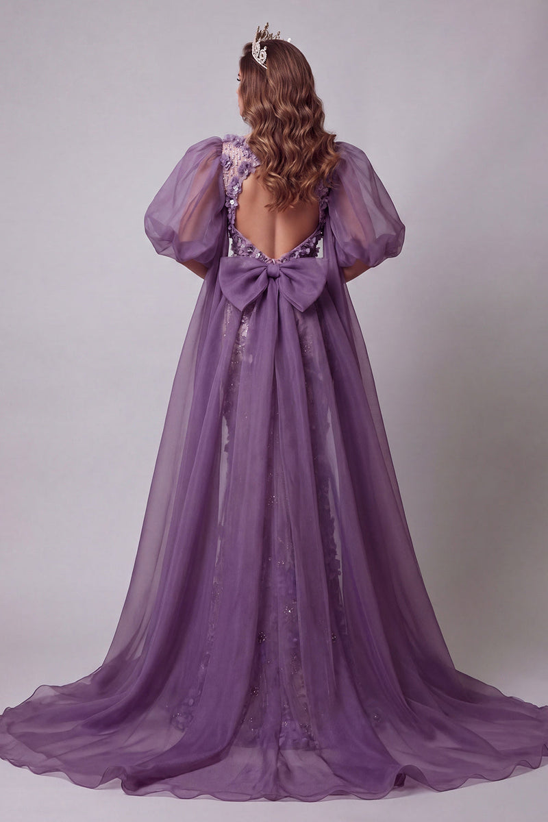Load image into Gallery viewer, Sparkly Purple Mermaid Floral Puff Sleeves Beaded Long Formal Dress with Cape