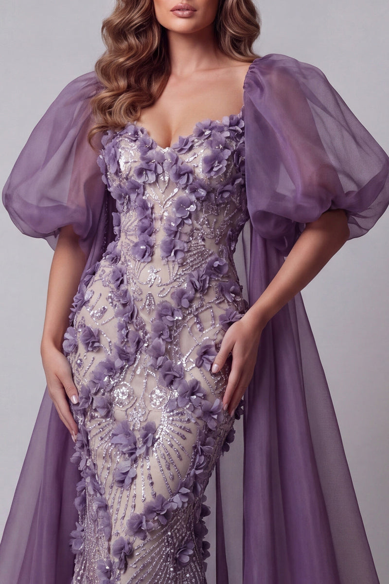 Load image into Gallery viewer, Sparkly Purple Mermaid Floral Puff Sleeves Beaded Long Formal Dress with Cape