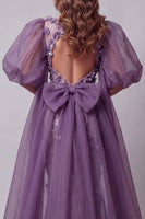 Load image into Gallery viewer, Sparkly Purple Mermaid Floral Puff Sleeves Beaded Long Formal Dress with Cape