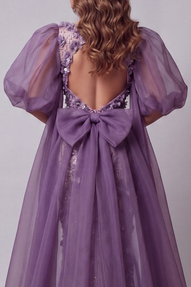 Load image into Gallery viewer, Sparkly Purple Mermaid Floral Puff Sleeves Beaded Long Formal Dress with Cape