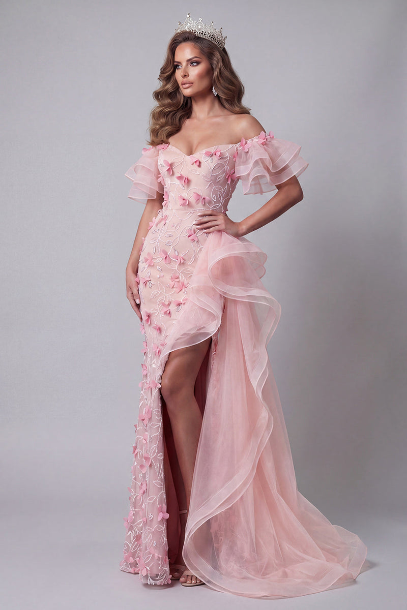Load image into Gallery viewer, Pink Mermaid Ruffled Off the Shoulder Floral Long Formal Dress with Slit