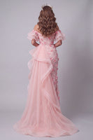 Load image into Gallery viewer, Pink Mermaid Ruffled Off the Shoulder Floral Long Formal Dress with Slit
