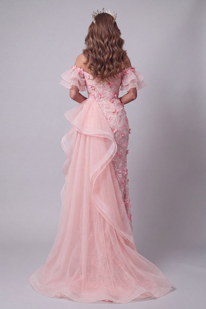 Load image into Gallery viewer, Pink Mermaid Ruffled Off the Shoulder Floral Long Formal Dress with Slit