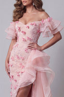 Load image into Gallery viewer, Pink Mermaid Ruffled Off the Shoulder Floral Long Formal Dress with Slit