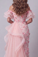 Load image into Gallery viewer, Pink Mermaid Ruffled Off the Shoulder Floral Long Formal Dress with Slit