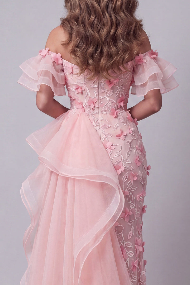 Load image into Gallery viewer, Pink Mermaid Ruffled Off the Shoulder Floral Long Formal Dress with Slit