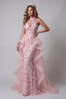 Load image into Gallery viewer, Floral Pink Ruffled Mermaid Halter Keyhole Long Formal Dress with Cape