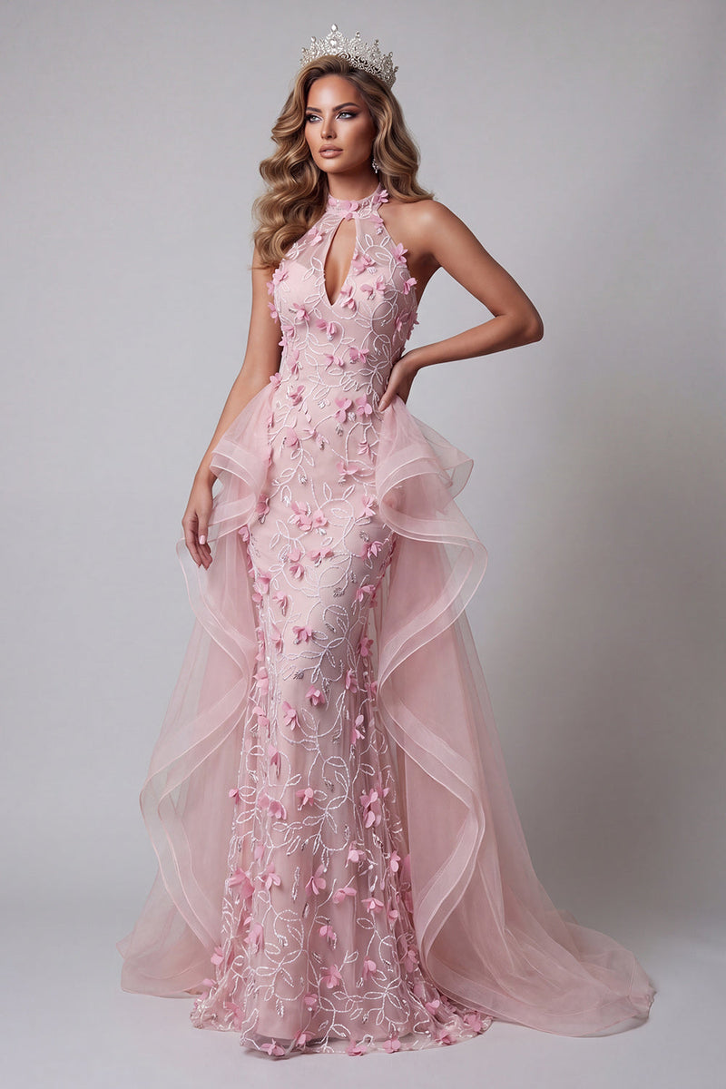 Load image into Gallery viewer, Floral Pink Ruffled Mermaid Halter Keyhole Long Formal Dress with Cape