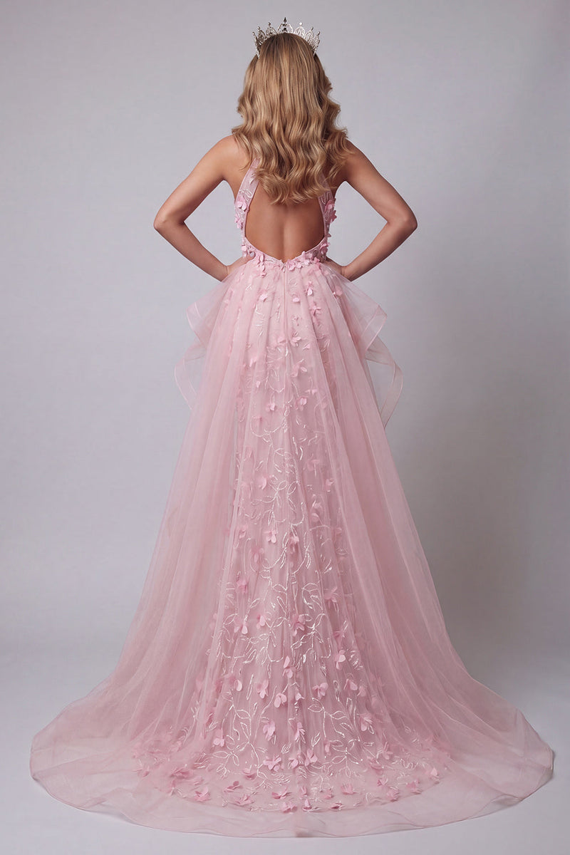 Load image into Gallery viewer, Floral Pink Ruffled Mermaid Halter Keyhole Long Formal Dress with Cape