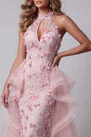 Load image into Gallery viewer, Floral Pink Ruffled Mermaid Halter Keyhole Long Formal Dress with Cape