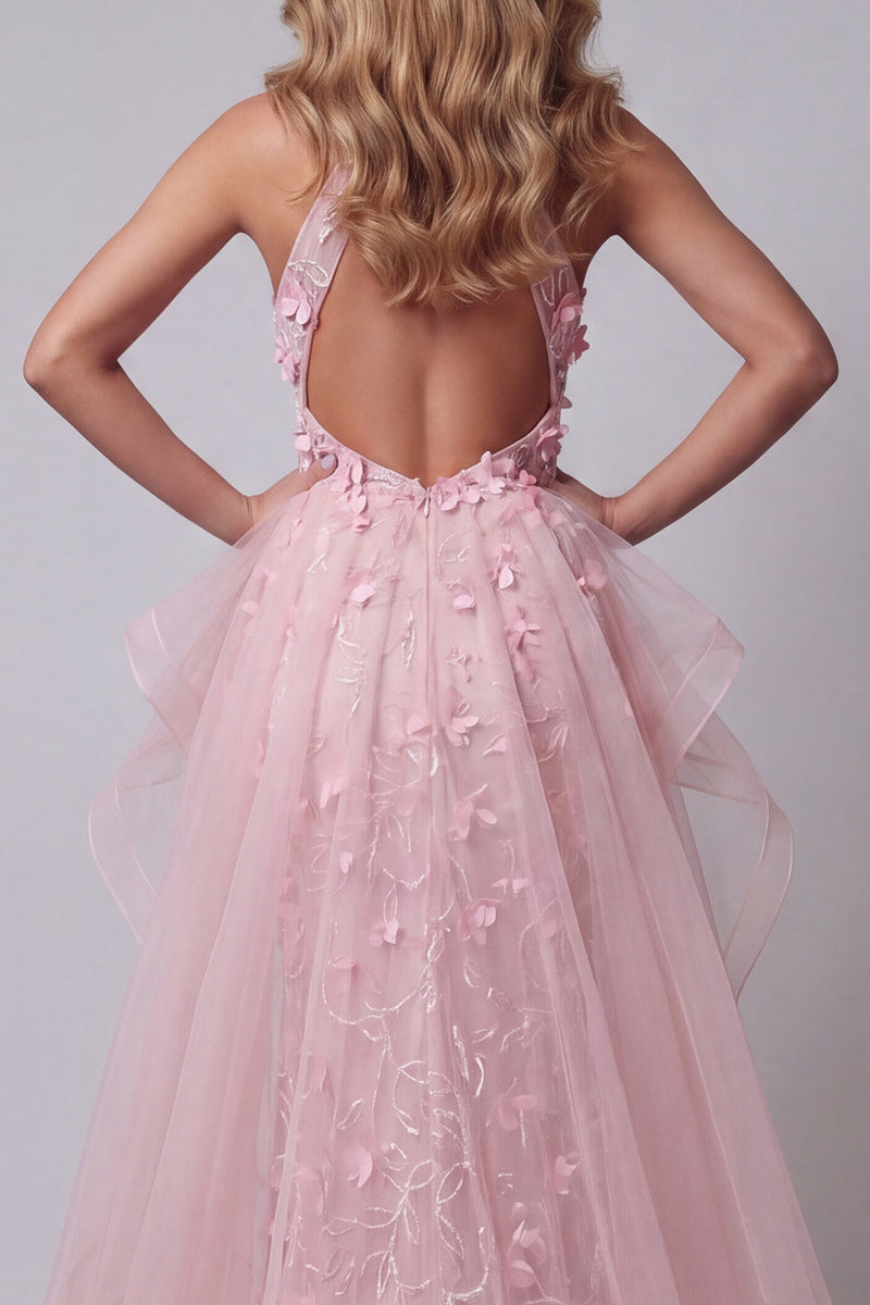 Load image into Gallery viewer, Floral Pink Ruffled Mermaid Halter Keyhole Long Formal Dress with Cape