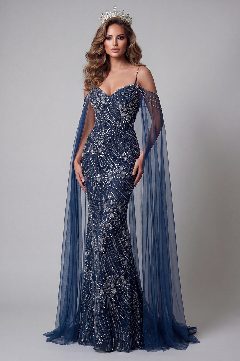 Load image into Gallery viewer, Sparkly Navy Mermaid Cold Shoulder Long Beaded Formal Dress with Cape