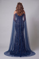 Load image into Gallery viewer, Sparkly Navy Mermaid Cold Shoulder Long Beaded Formal Dress with Cape