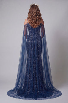 Sparkly Navy Mermaid Cold Shoulder Long Beaded Formal Dress with Cape