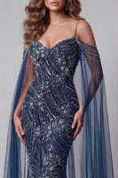 Load image into Gallery viewer, Sparkly Navy Mermaid Cold Shoulder Long Beaded Formal Dress with Cape