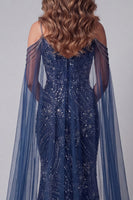 Load image into Gallery viewer, Sparkly Navy Mermaid Cold Shoulder Long Beaded Formal Dress with Cape