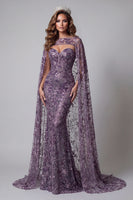 Load image into Gallery viewer, Sparkly Purple Mermaid Strapless Floral Beaded Long Formal Dress with Cape