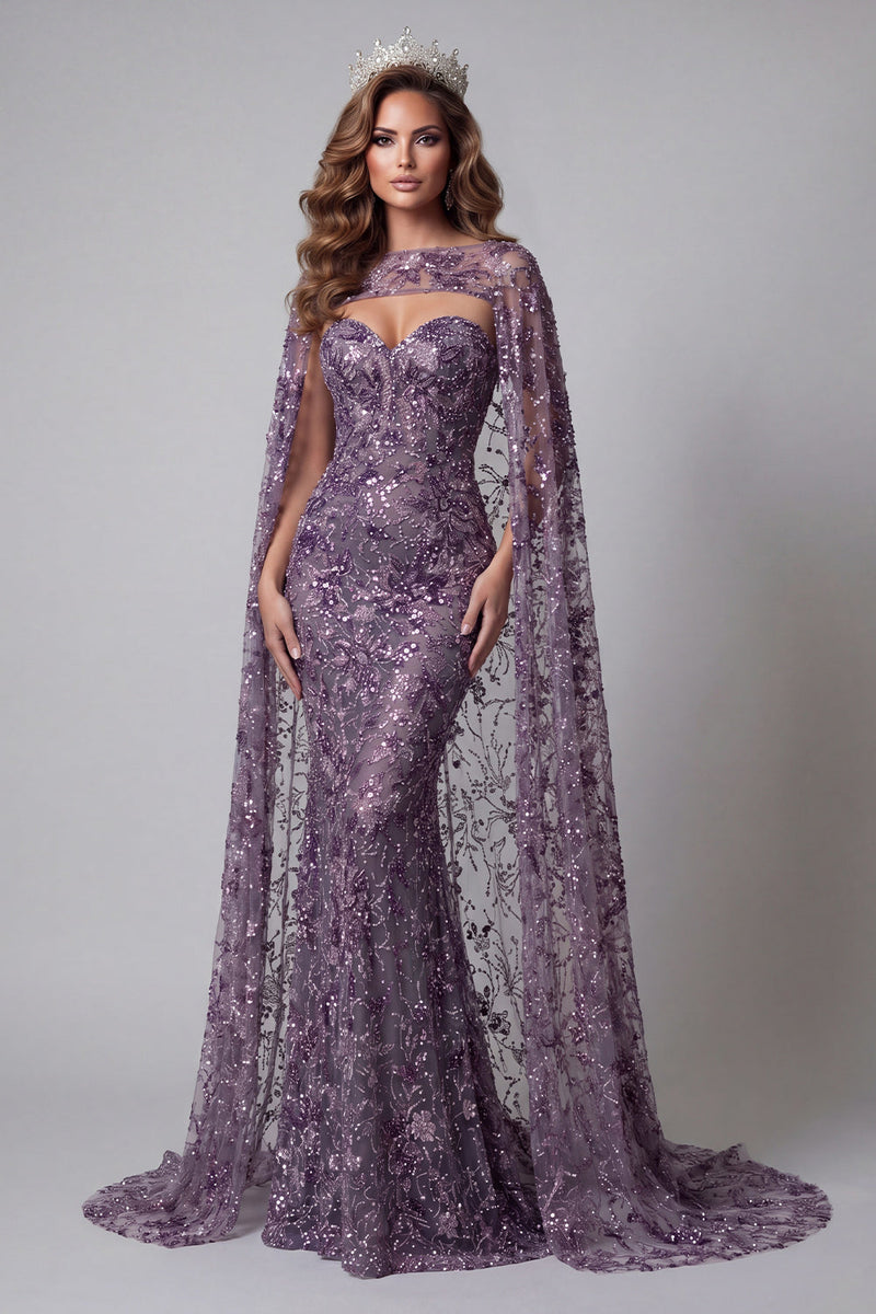 Load image into Gallery viewer, Sparkly Purple Mermaid Strapless Floral Beaded Long Formal Dress with Cape
