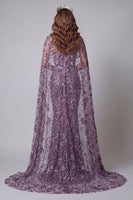 Load image into Gallery viewer, Sparkly Purple Mermaid Strapless Floral Beaded Long Formal Dress with Cape