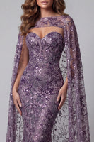 Load image into Gallery viewer, Sparkly Purple Mermaid Strapless Floral Beaded Long Formal Dress with Cape