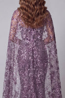 Load image into Gallery viewer, Sparkly Purple Mermaid Strapless Floral Beaded Long Formal Dress with Cape