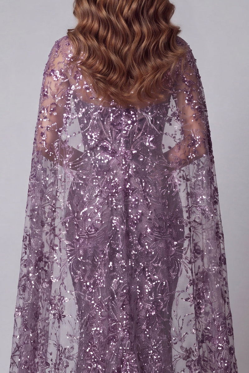 Load image into Gallery viewer, Sparkly Purple Mermaid Strapless Floral Beaded Long Formal Dress with Cape