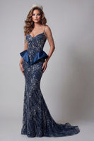 Load image into Gallery viewer, Sparkly Navy Mermaid Cold Shoulder Long Beaded Formal Dress with Ruffles