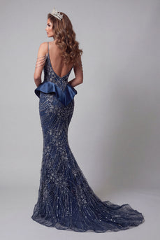 Sparkly Navy Mermaid Cold Shoulder Long Beaded Formal Dress with Ruffles