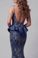 Load image into Gallery viewer, Sparkly Navy Mermaid Cold Shoulder Long Beaded Formal Dress with Ruffles