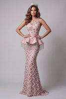 Load image into Gallery viewer, Sparkly Blush Mermaid One Shoulder Long Beaded Formal Dress with Fringes