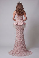 Load image into Gallery viewer, Sparkly Blush Mermaid One Shoulder Long Beaded Formal Dress with Fringes