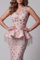 Load image into Gallery viewer, Sparkly Blush Mermaid One Shoulder Long Beaded Formal Dress with Fringes