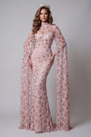 Load image into Gallery viewer, Sparkly Blush Mermaid Open Back High Neck Long Beaded Formal Dress with Cape