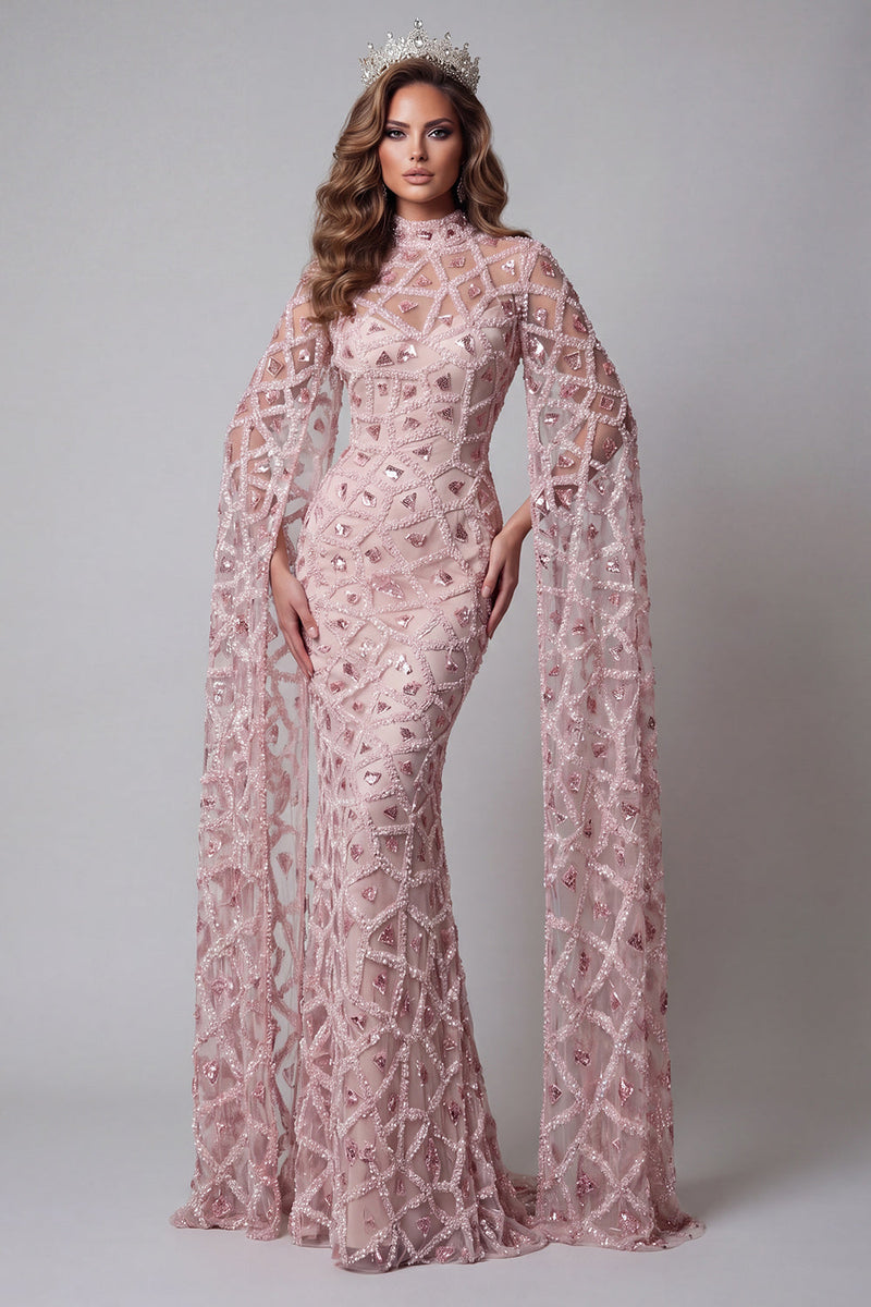 Load image into Gallery viewer, Sparkly Blush Mermaid Open Back High Neck Long Beaded Formal Dress with Cape
