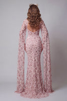 Load image into Gallery viewer, Sparkly Blush Mermaid Open Back High Neck Long Beaded Formal Dress with Cape