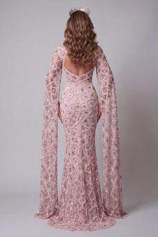 Sparkly Blush Mermaid Open Back High Neck Long Beaded Formal Dress with Cape