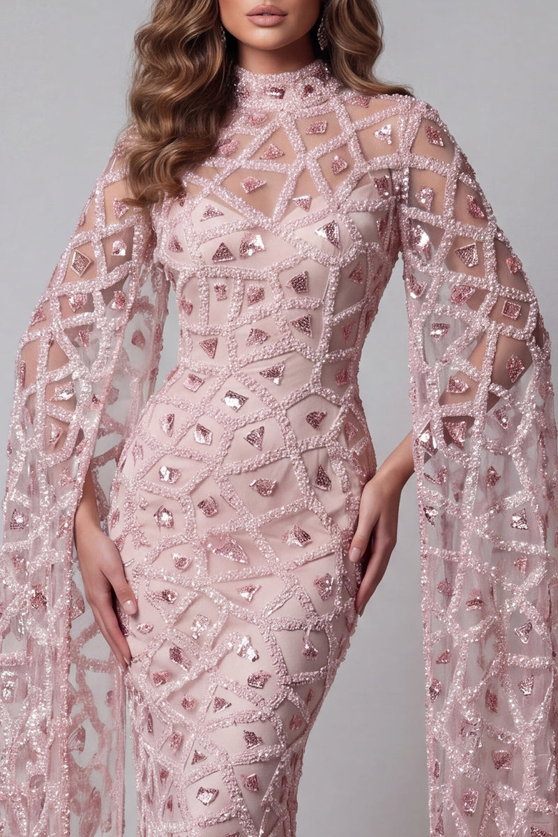 Load image into Gallery viewer, Sparkly Blush Mermaid Open Back High Neck Long Beaded Formal Dress with Cape